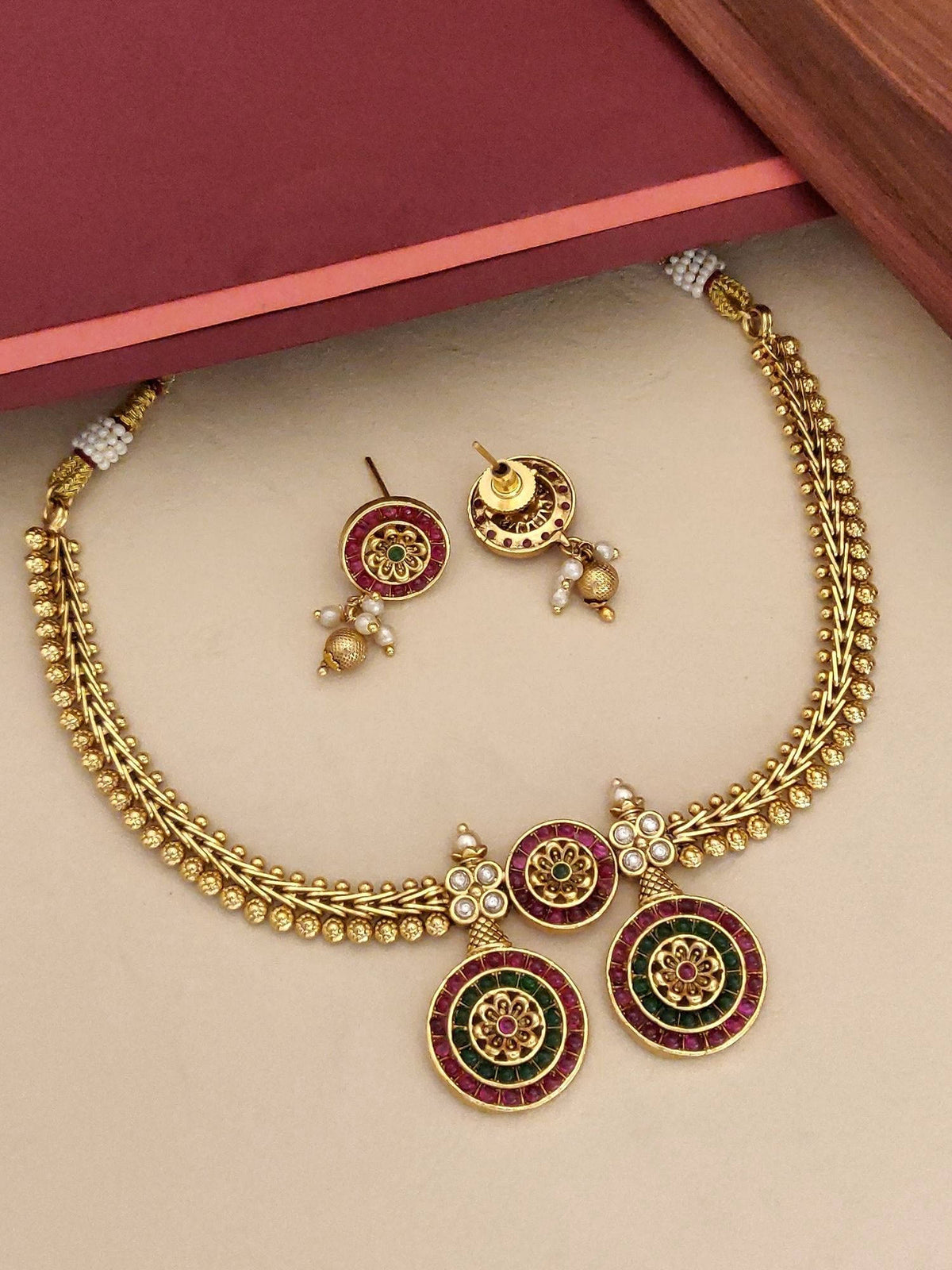 Abdesigns Multi-Color Gold Plated Polki Kempstone Studded Temple Necklace with Earrings