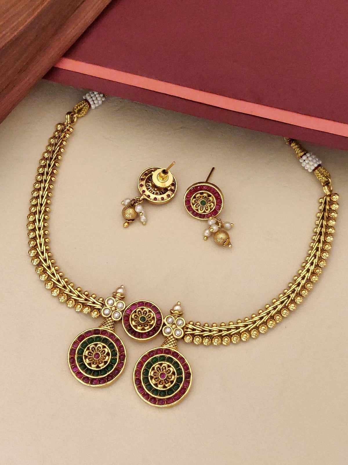 Abdesigns Multi-Color Gold Plated Polki Kempstone Studded Temple Necklace with Earrings
