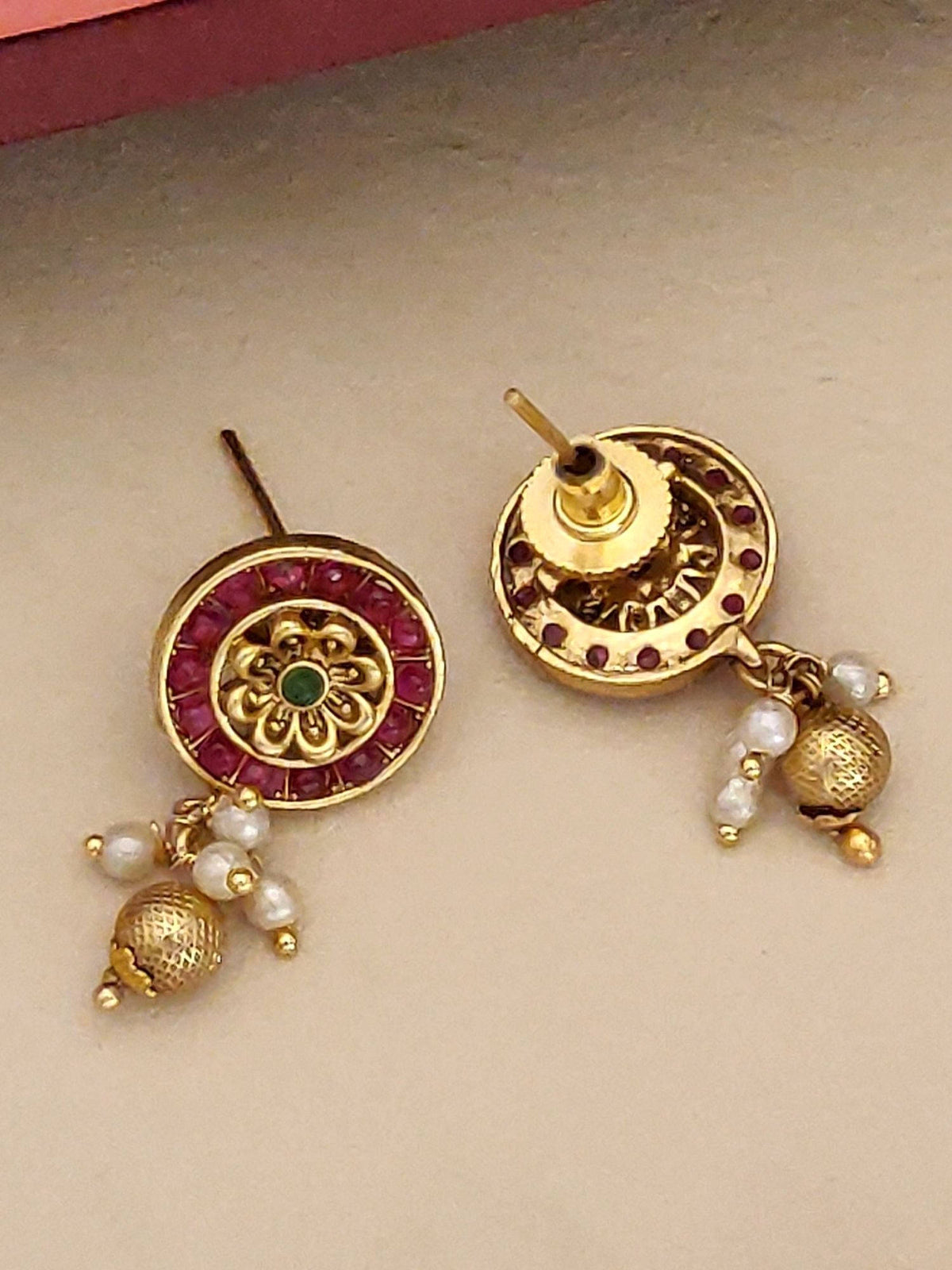 Abdesigns Multi-Color Gold Plated Polki Kempstone Studded Temple Necklace with Earrings