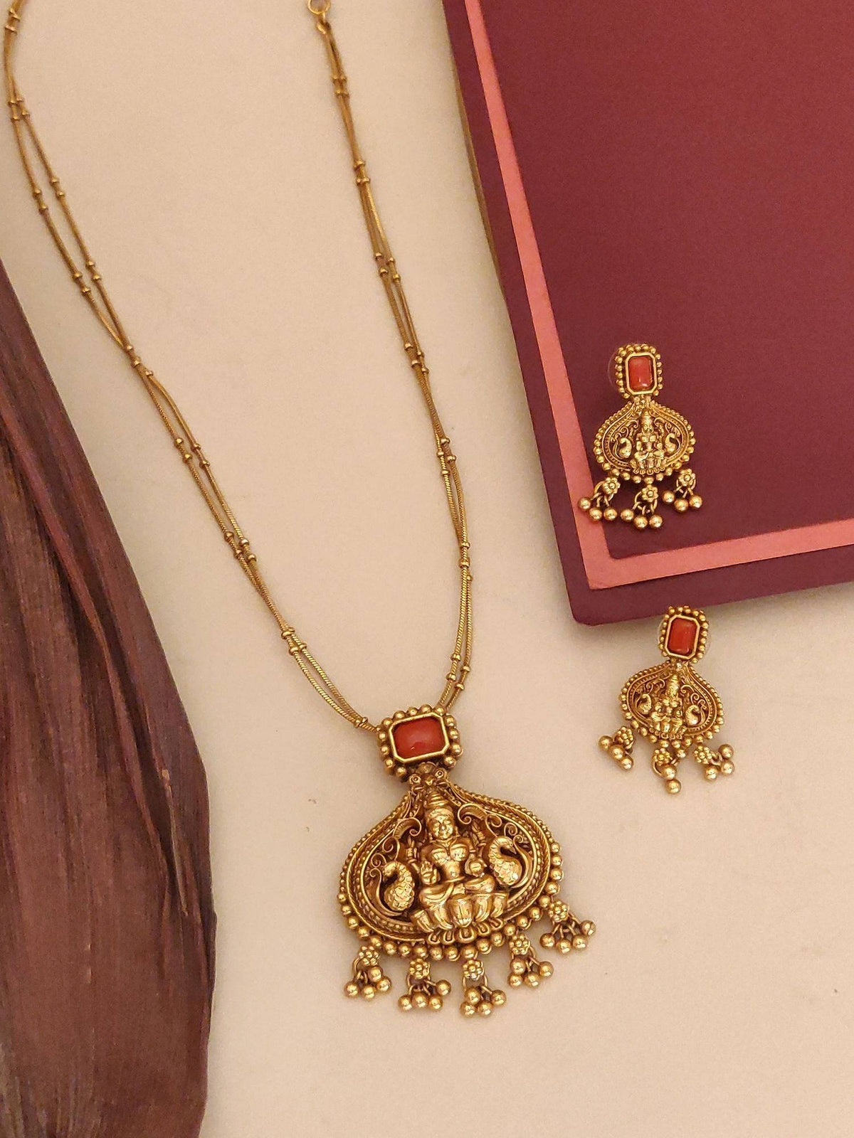 Abdesigns Orange Elegant Gold Plated Temple Necklace with Earrings
