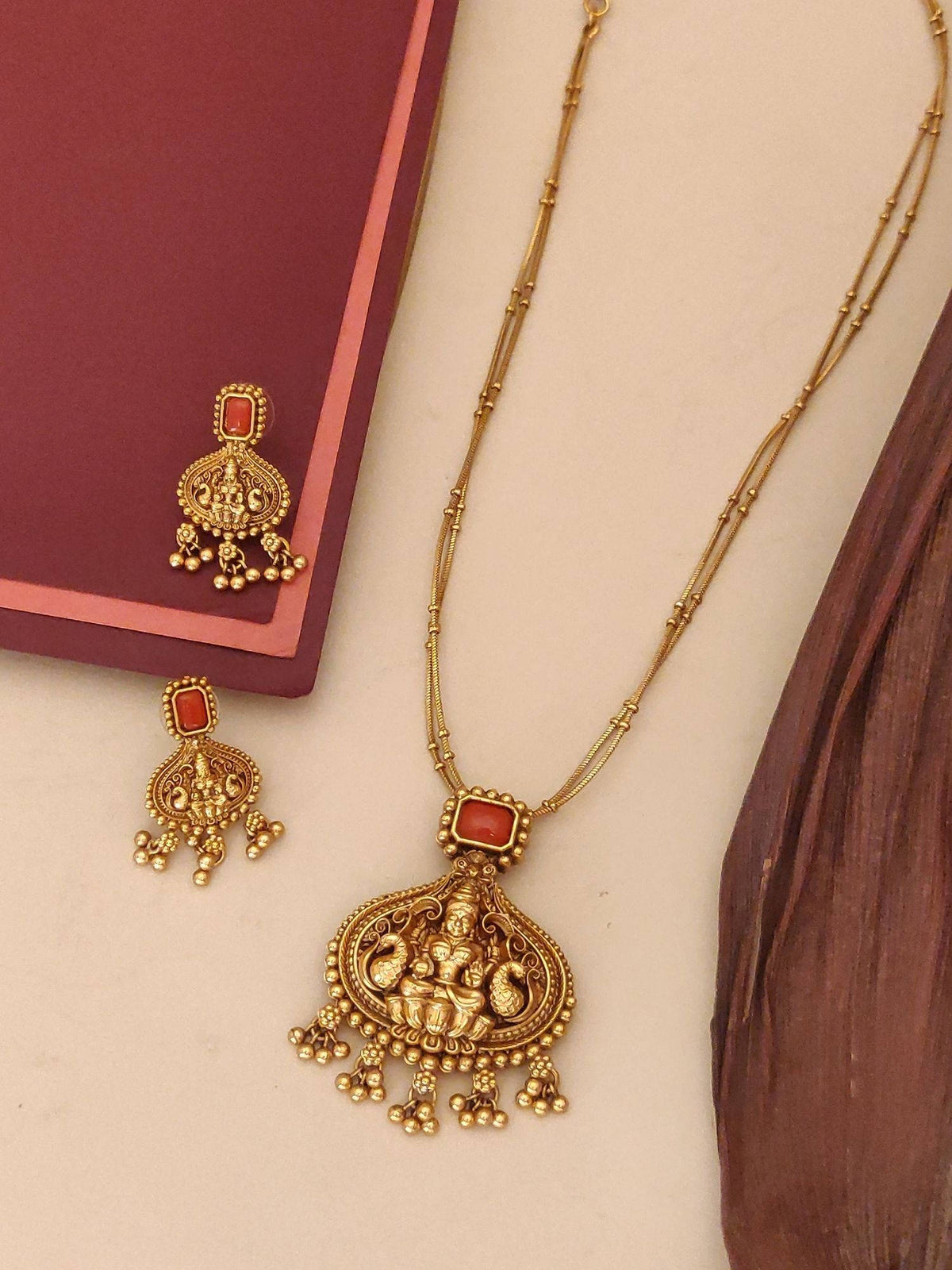 Abdesigns Orange Elegant Gold Plated Temple Necklace with Earrings