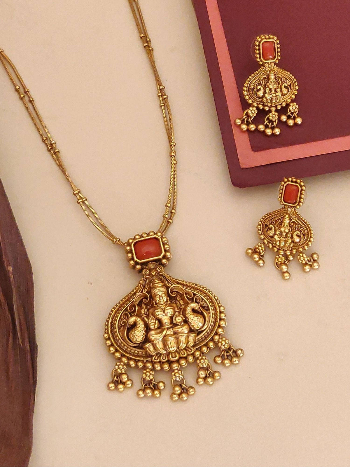Abdesigns Orange Elegant Gold Plated Temple Necklace with Earrings