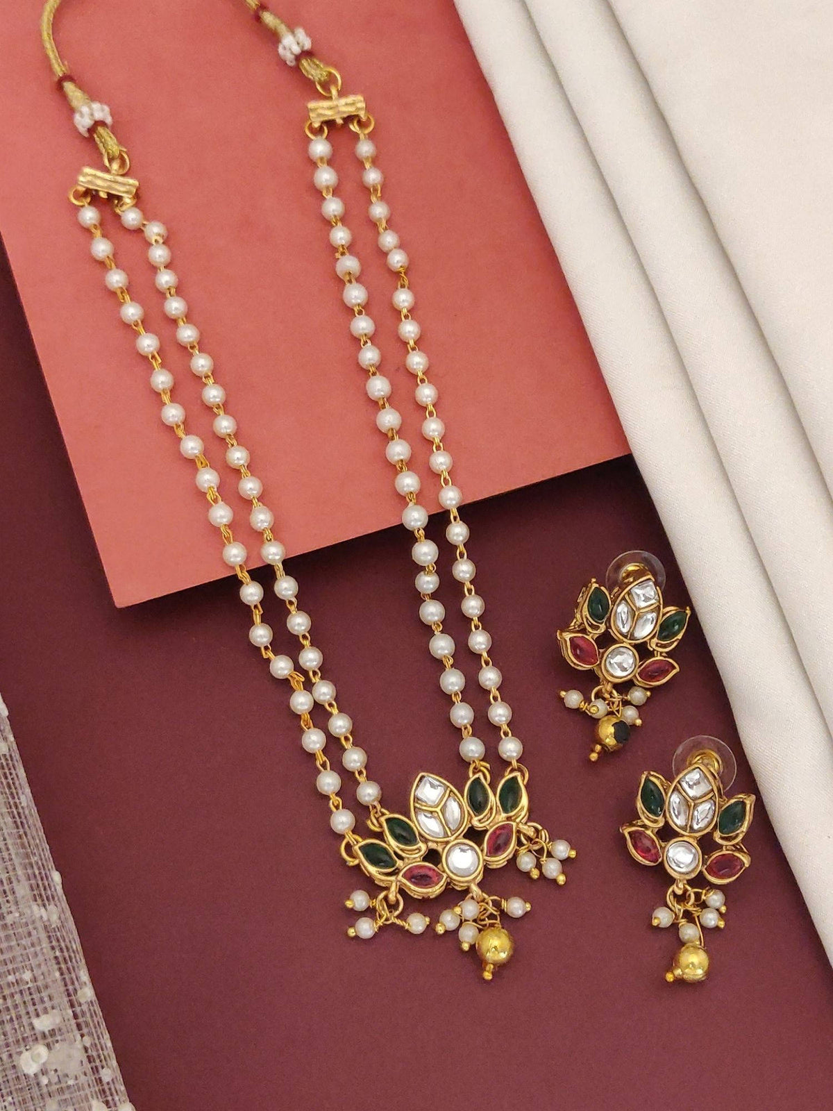 Abdesigns Multi-Color Enchanting Gold Plated Colored Stone Lotus Pearl Necklace with Earrings