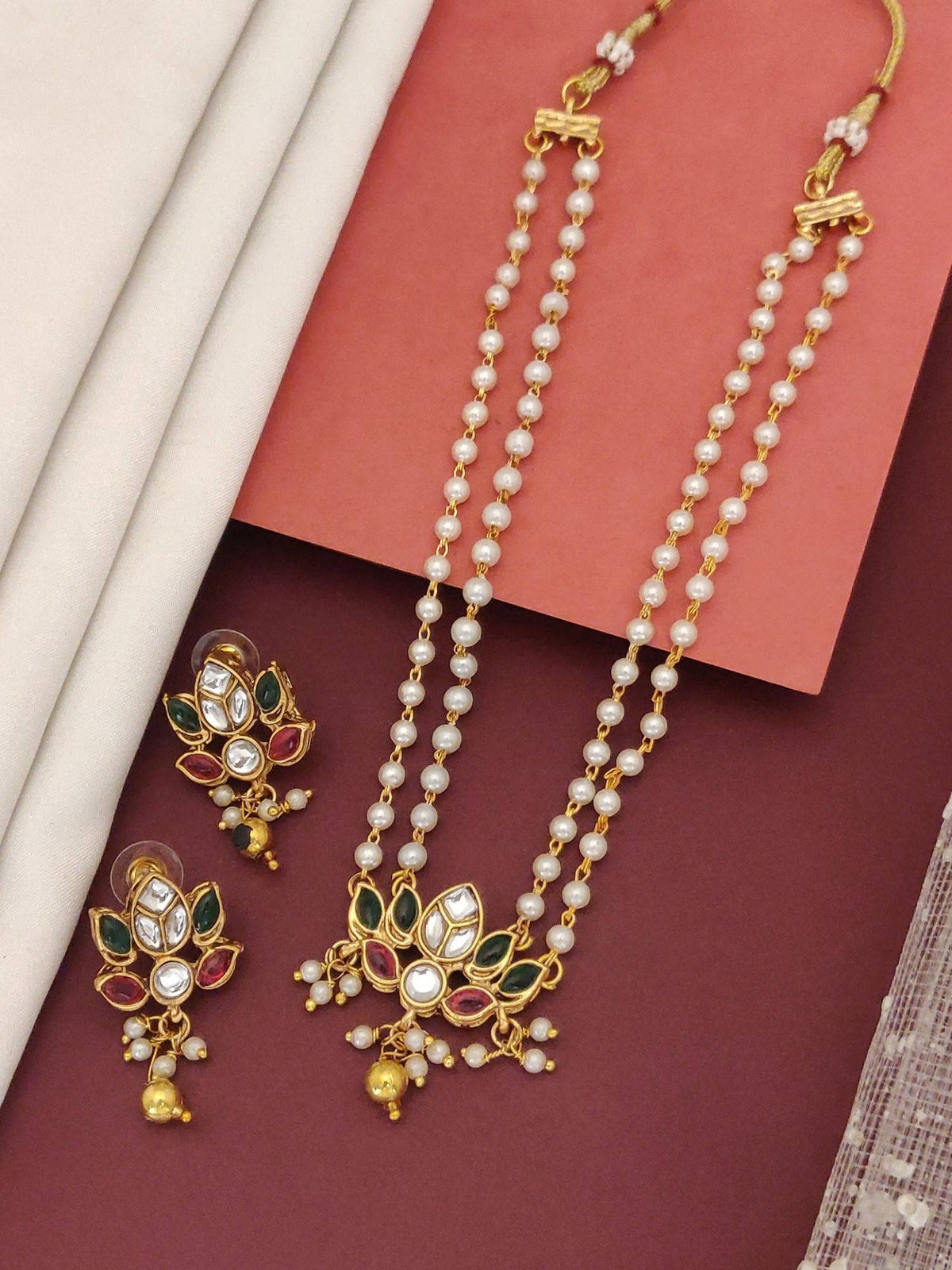 Abdesigns Multi-Color Enchanting Gold Plated Colored Stone Lotus Pearl Necklace with Earrings