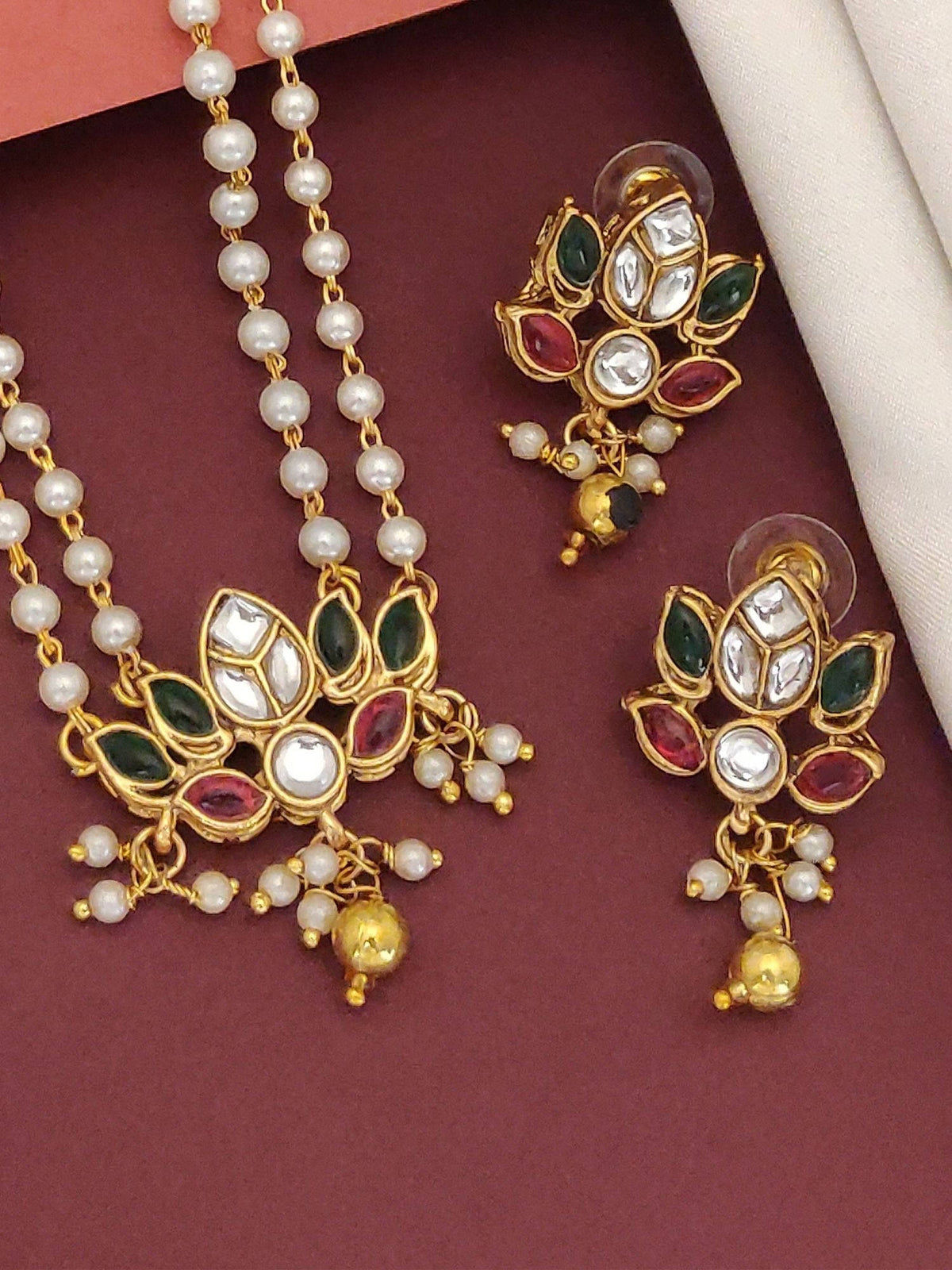 Abdesigns Multi-Color Enchanting Gold Plated Colored Stone Lotus Pearl Necklace with Earrings