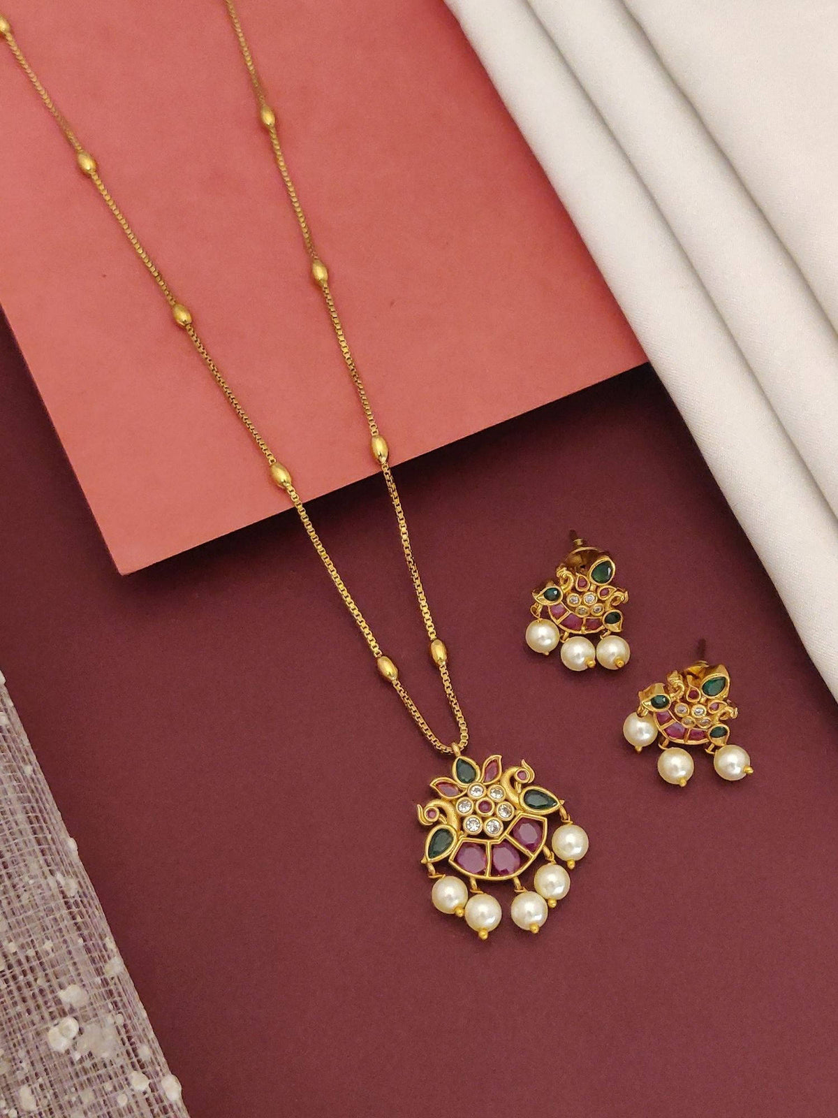 Abdesigns Multi-Color Gold Plated Double Peacock Pendant Necklace with Earrings