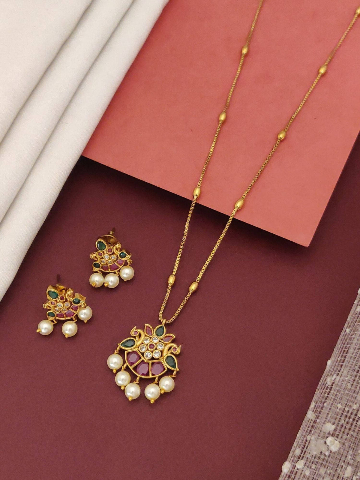 Abdesigns Multi-Color Gold Plated Double Peacock Pendant Necklace with Earrings