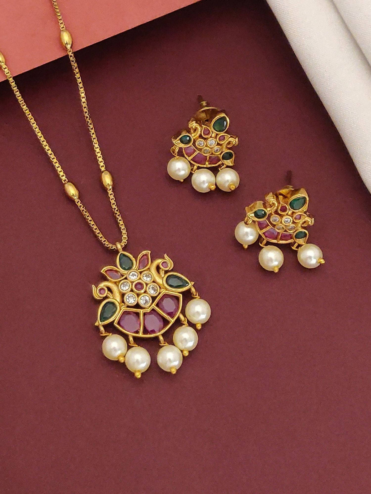 Abdesigns Multi-Color Gold Plated Double Peacock Pendant Necklace with Earrings