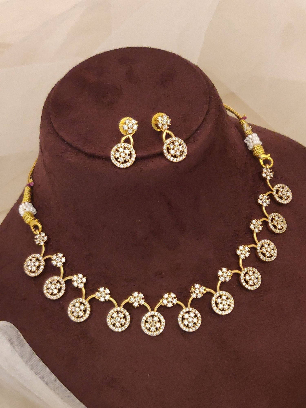 Abdesigns White Premium Gold Plated American Diamond Choker Necklace with Earrings
