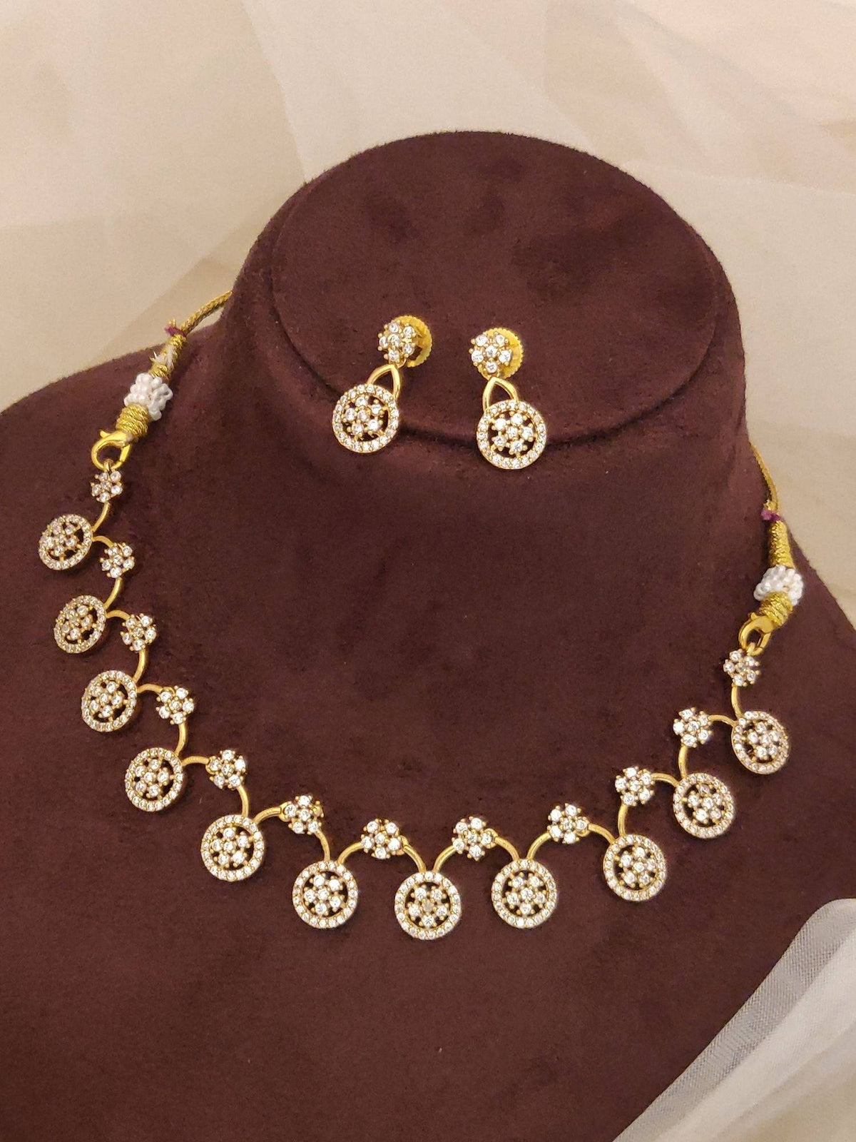 Abdesigns White Premium Gold Plated American Diamond Choker Necklace with Earrings
