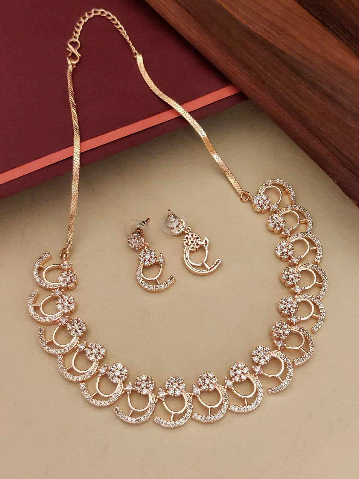 Abdesigns White Elegant Rose Gold Plated American Diamond Necklace with Earrings · One Size