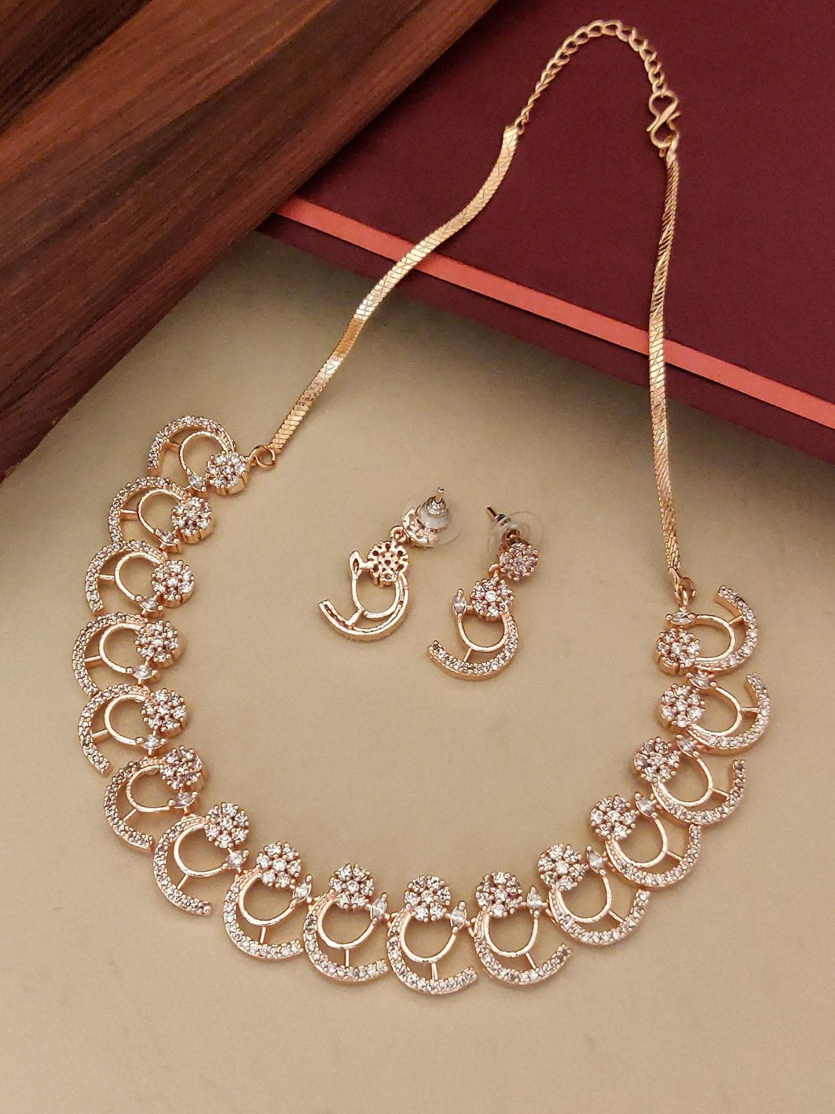 Abdesigns White Elegant Rose Gold Plated American Diamond Necklace with Earrings · One Size