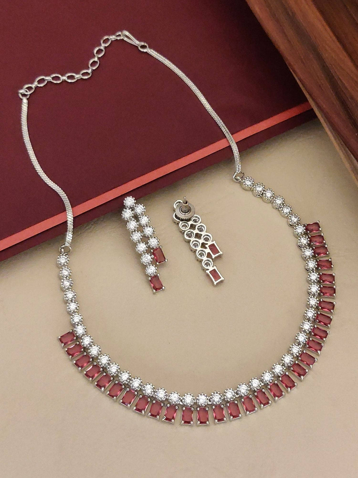 Abdesigns Red Enchanting Silver Plated American Diamond Studded Necklace with Earrings
