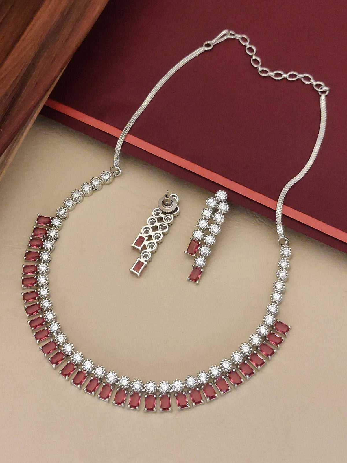 Abdesigns Red Enchanting Silver Plated American Diamond Studded Necklace with Earrings