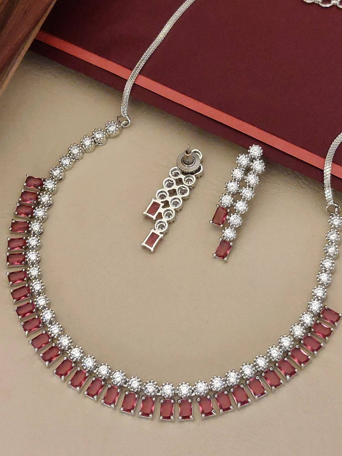 Abdesigns Red Enchanting Silver Plated American Diamond Studded Necklace with Earrings