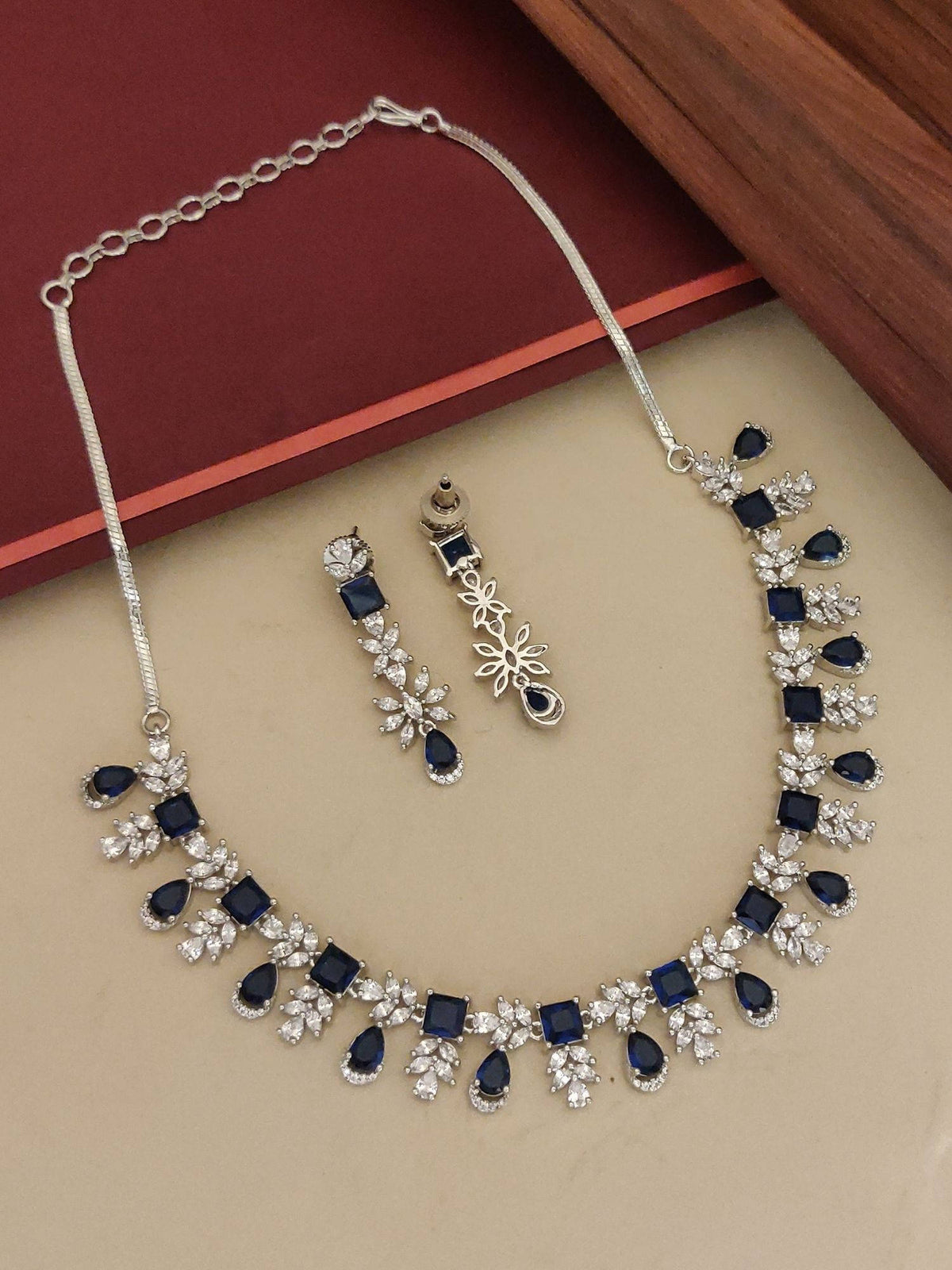 Abdesigns Blue Elegant Silver Plated Flower American Diamond Necklace with Earrings · One Size