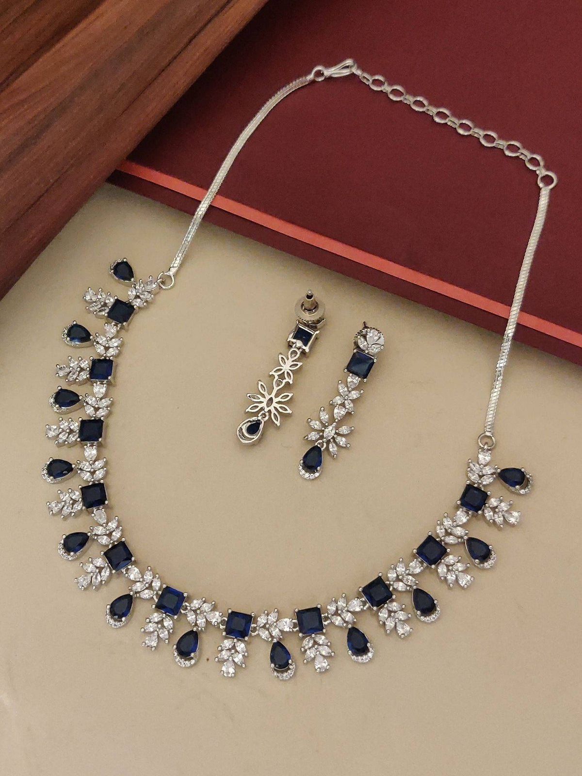 Abdesigns Blue Elegant Silver Plated Flower American Diamond Necklace with Earrings · One Size