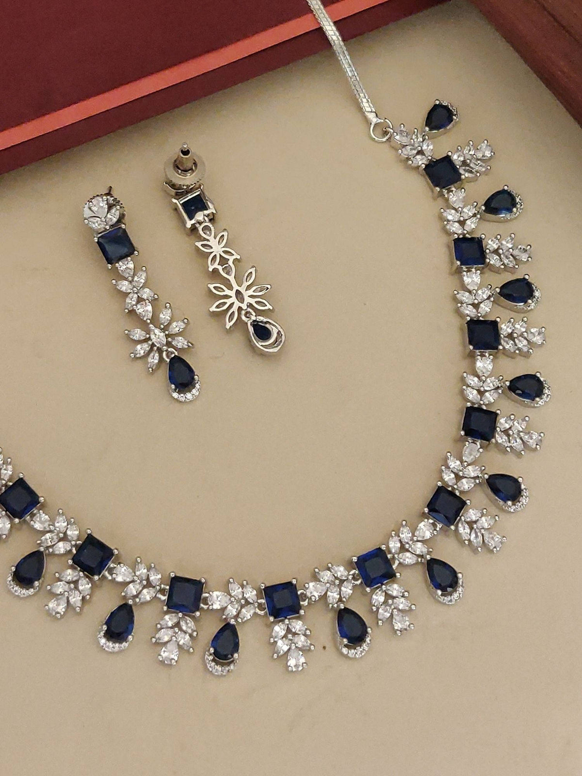 Abdesigns Blue Elegant Silver Plated Flower American Diamond Necklace with Earrings
