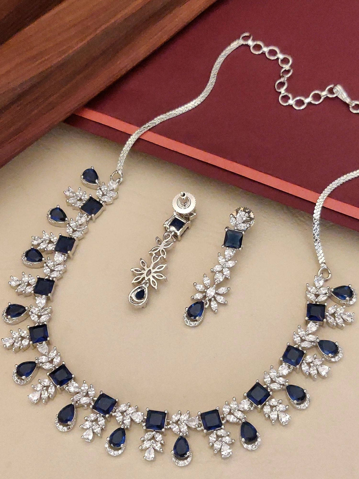Abdesigns Multi-Color Enchanting Silver Plated American Diamond Studded Necklace with Earrings