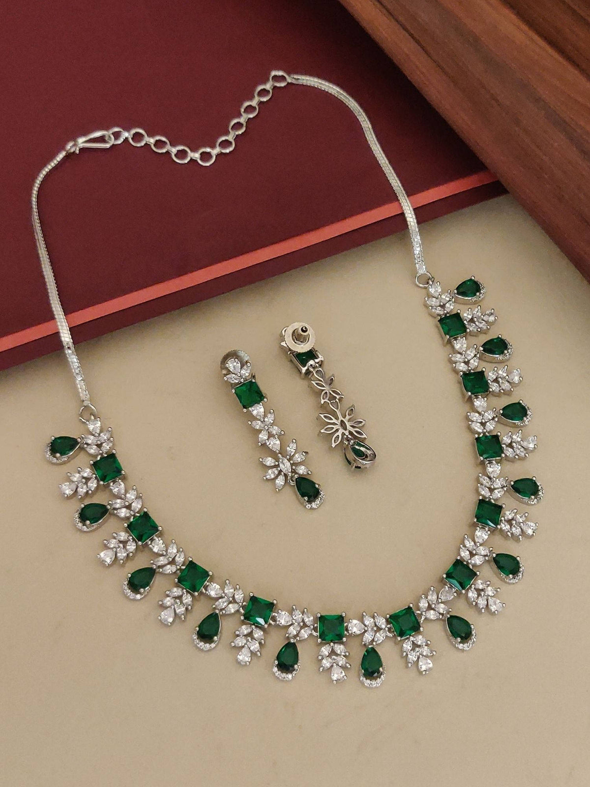 Abdesigns Green Elegant Silver Plated Flower American Diamond Necklace with Earrings