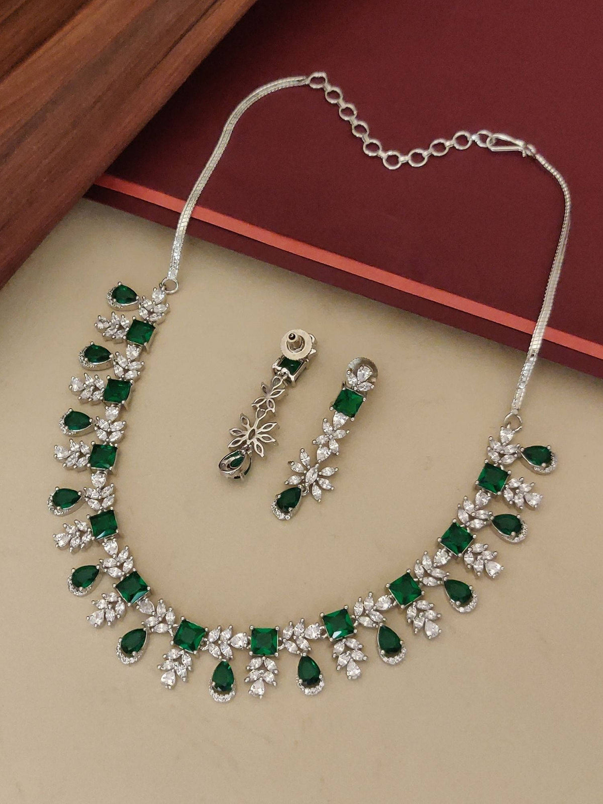 Abdesigns Green Elegant Silver Plated Flower American Diamond Necklace with Earrings