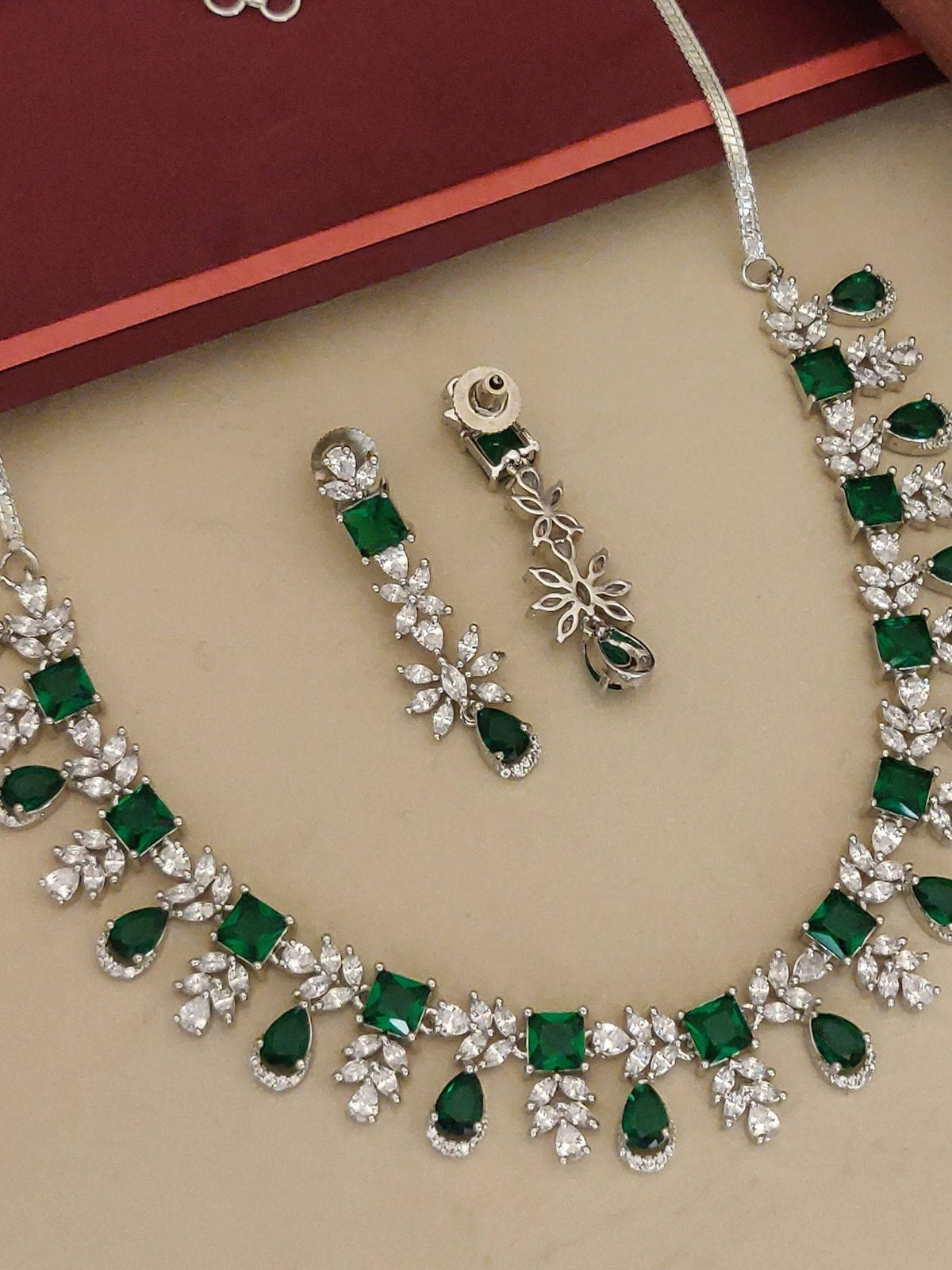 Abdesigns Green Elegant Silver Plated Flower American Diamond Necklace with Earrings