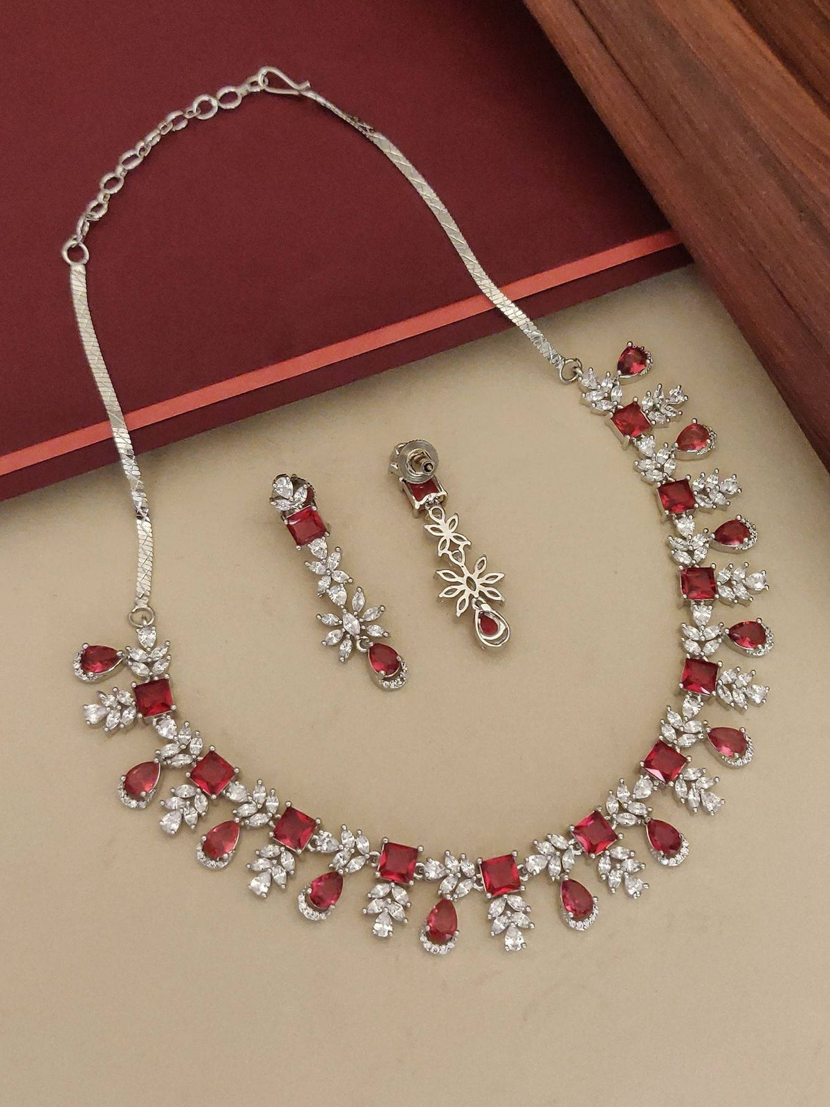 Abdesigns Red Elegant Silver Plated Flower American Diamond Necklace with Earrings · One Size