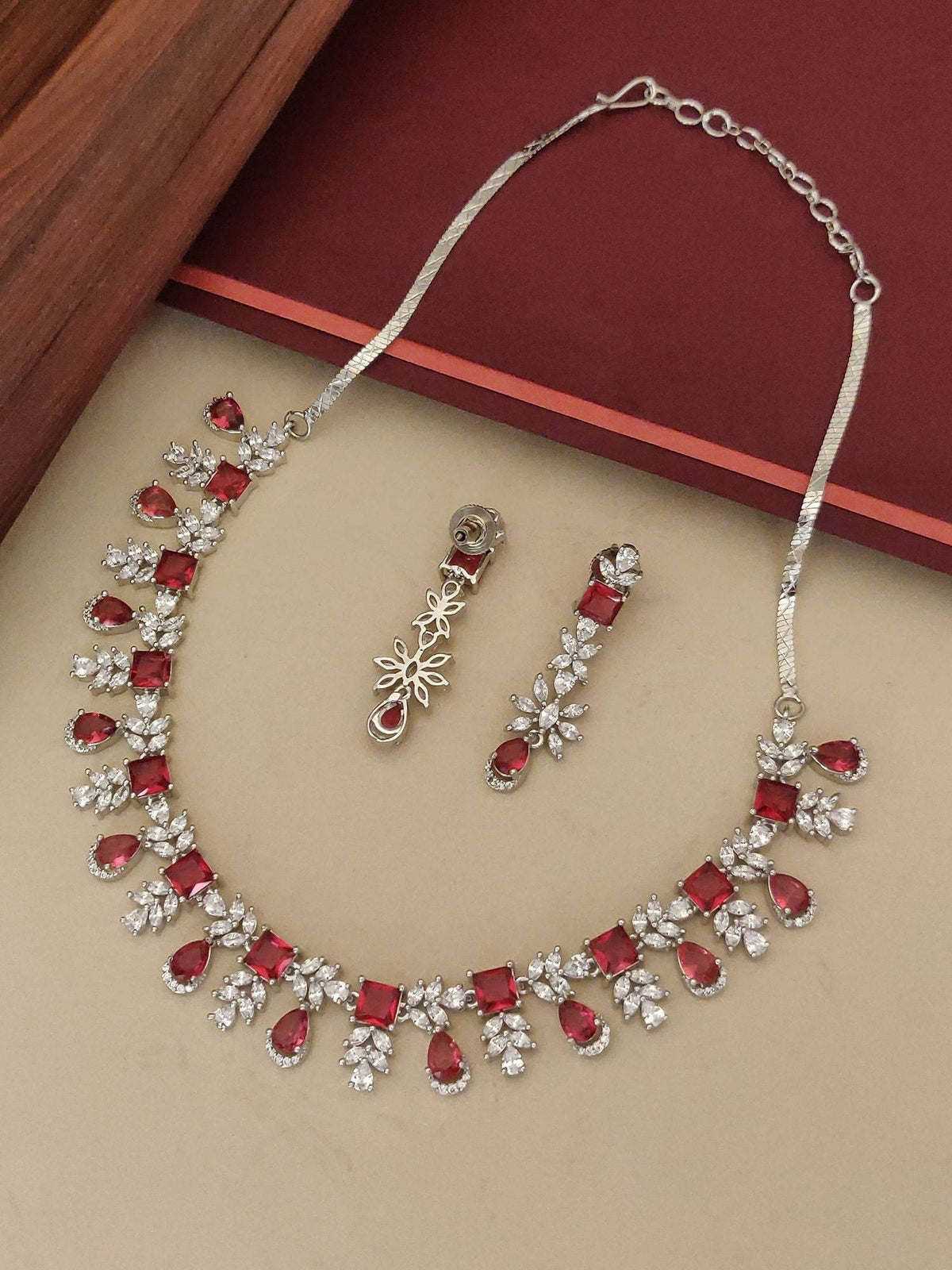 Abdesigns Red Elegant Silver Plated Flower American Diamond Necklace with Earrings