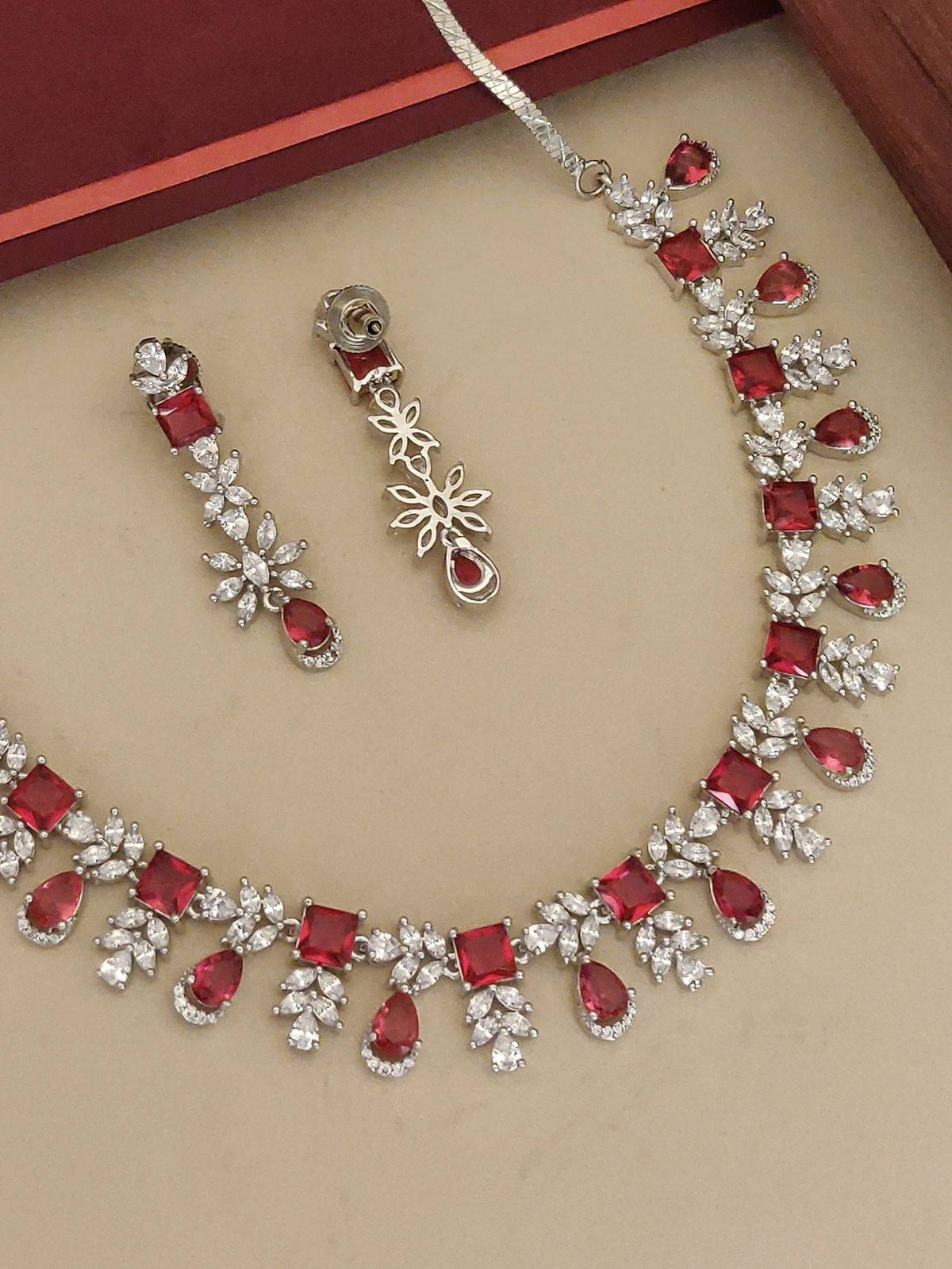 Abdesigns Red Elegant Silver Plated Flower American Diamond Necklace with Earrings