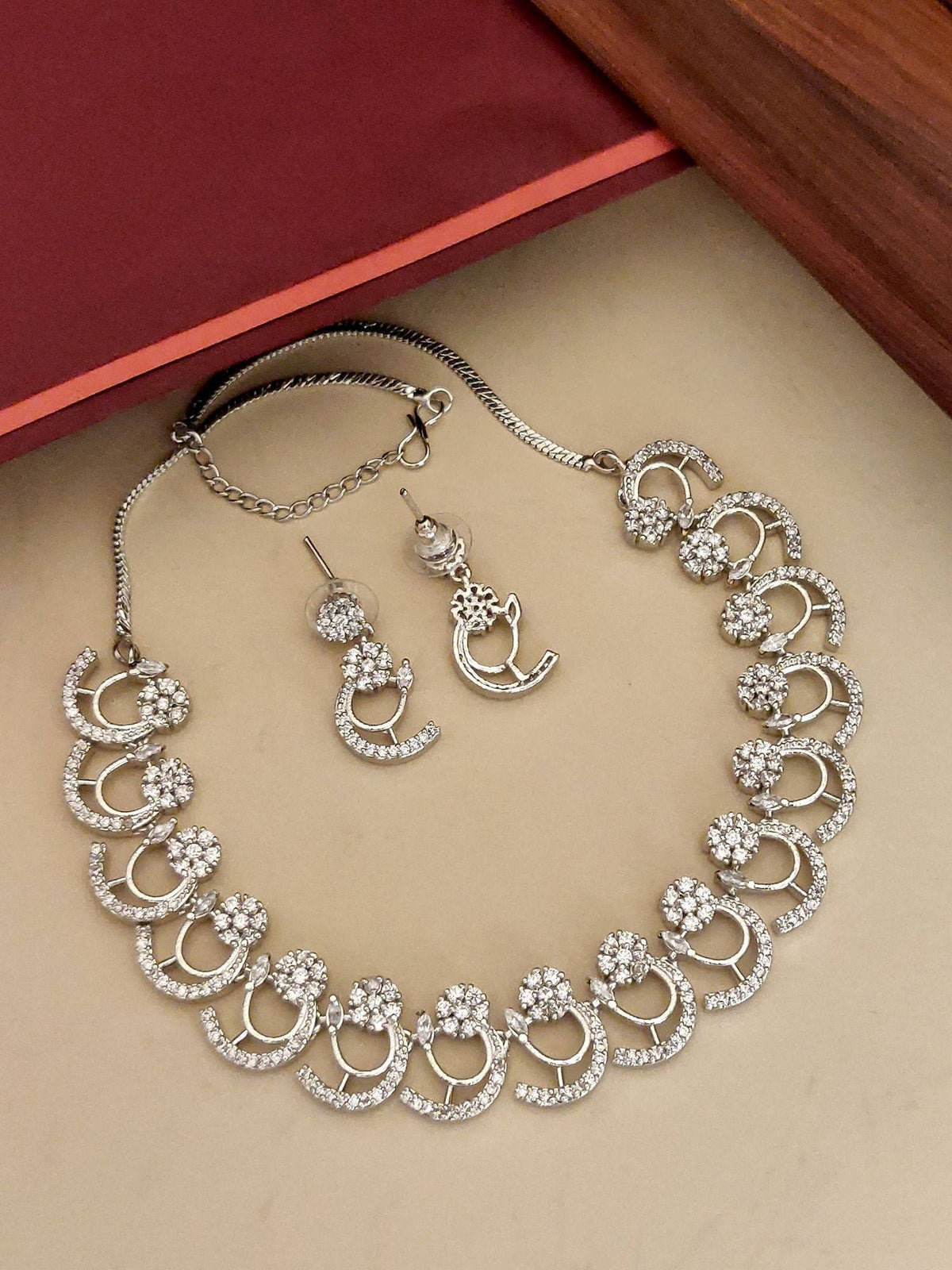 Abdesigns White Elegant Silver Plated American Diamond Necklace with Earrings
