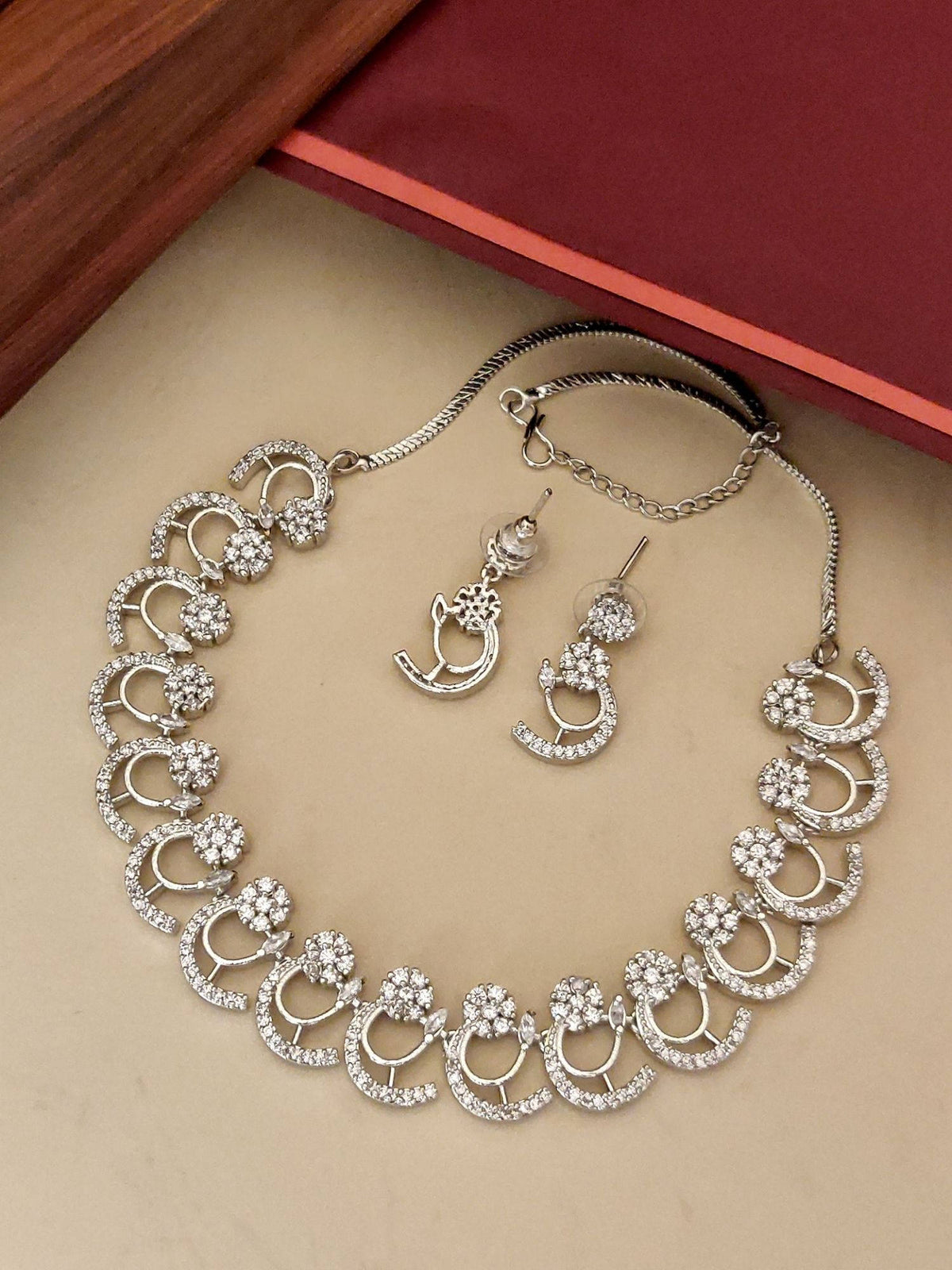 Abdesigns White Elegant Silver Plated American Diamond Necklace with Earrings