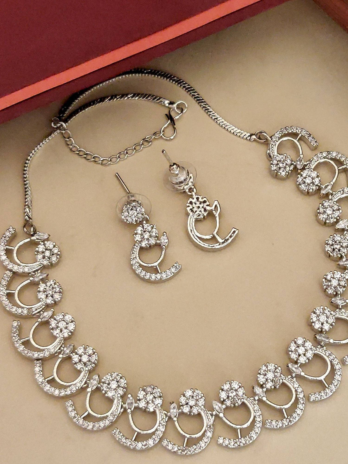 Abdesigns White Elegant Silver Plated American Diamond Necklace with Earrings