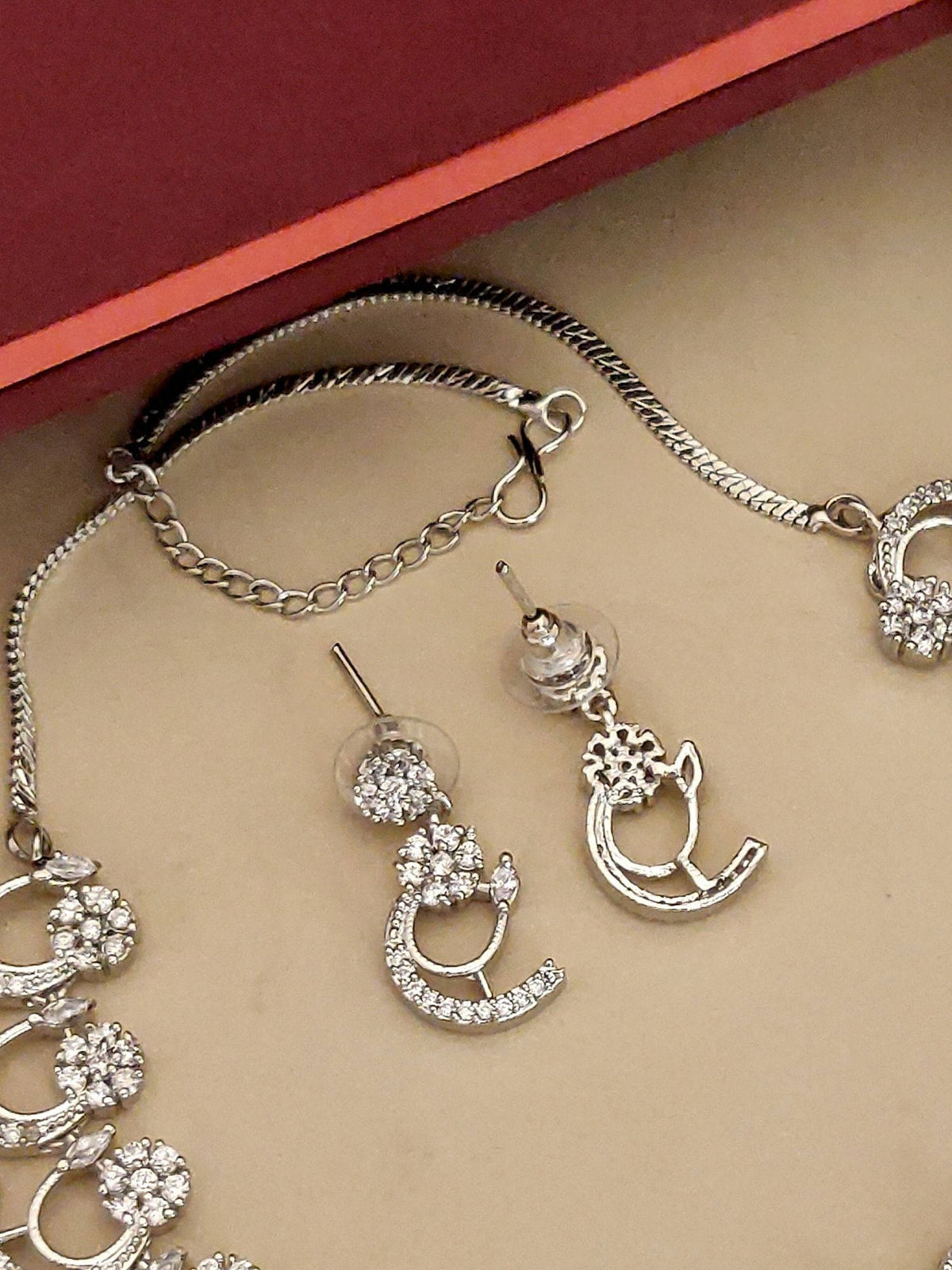Abdesigns White Elegant Silver Plated American Diamond Necklace with Earrings