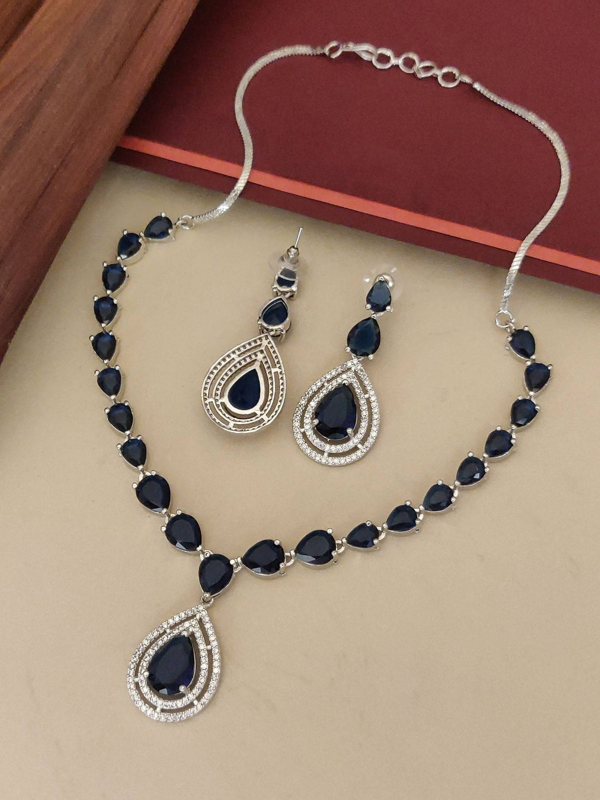 Abdesigns Blue Elegant Silver Plated Flower American Diamond Necklace with Earrings