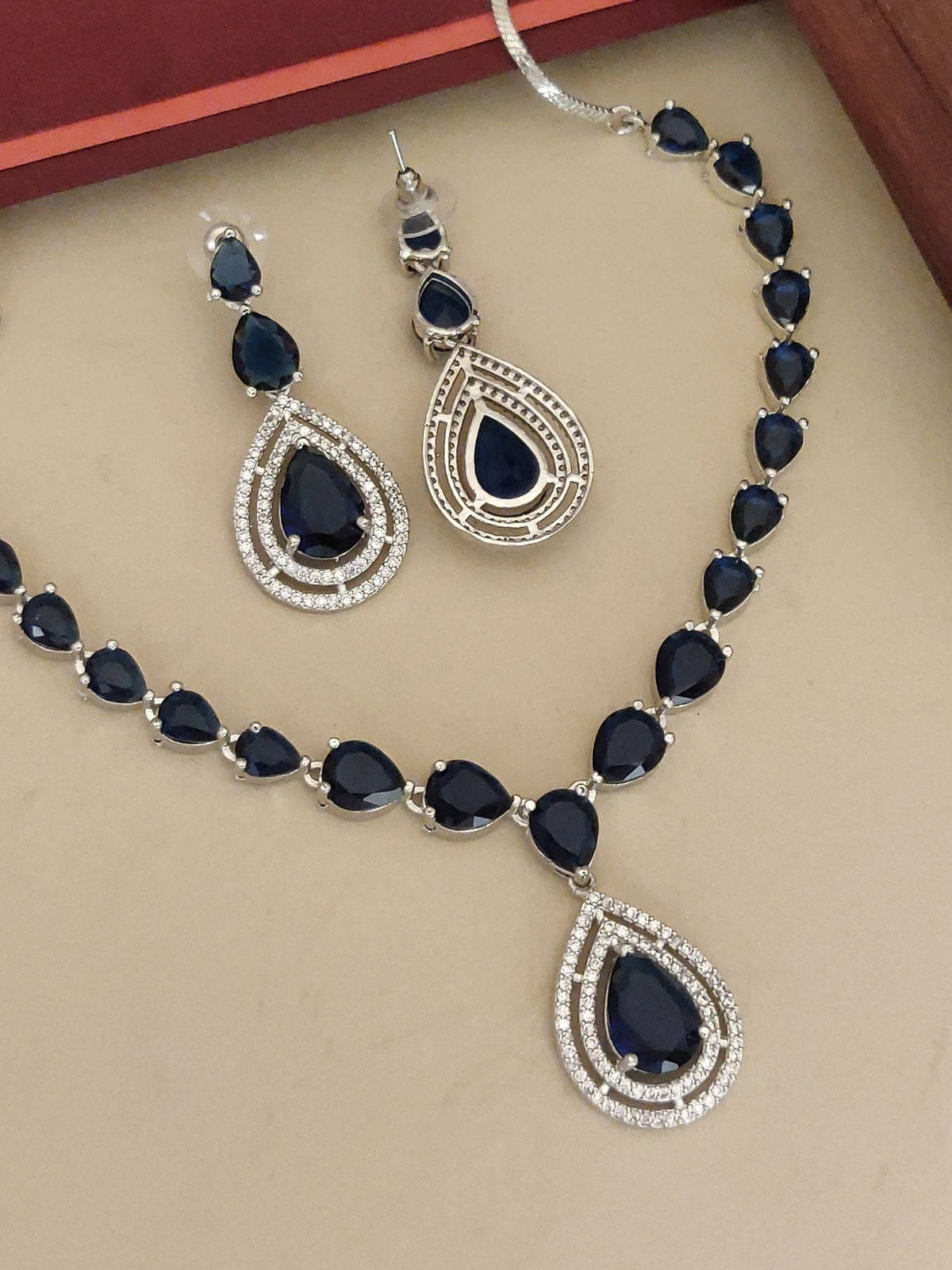 Abdesigns Blue Elegant Silver Plated Flower American Diamond Necklace with Earrings