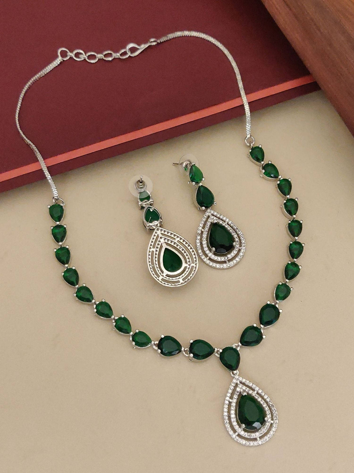 Abdesigns Green Elegant Silver Plated Flower American Diamond Necklace with Earrings