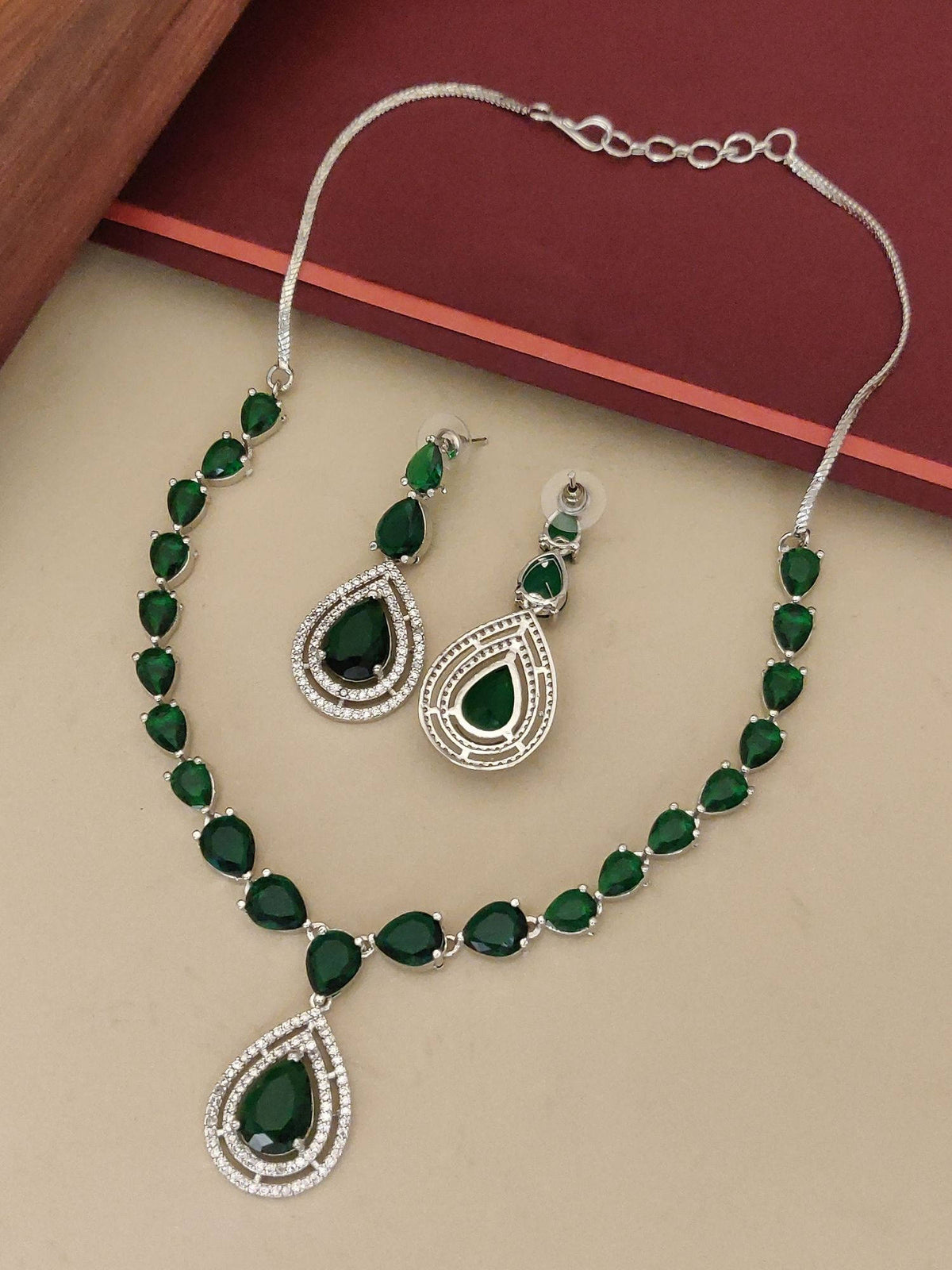 Abdesigns Green Elegant Silver Plated Flower American Diamond Necklace with Earrings