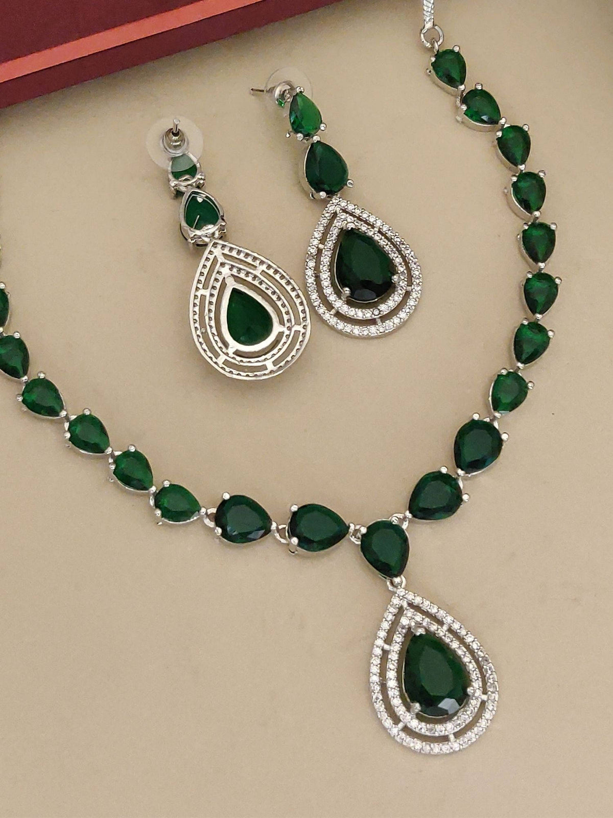 Abdesigns Green Elegant Silver Plated Flower American Diamond Necklace with Earrings