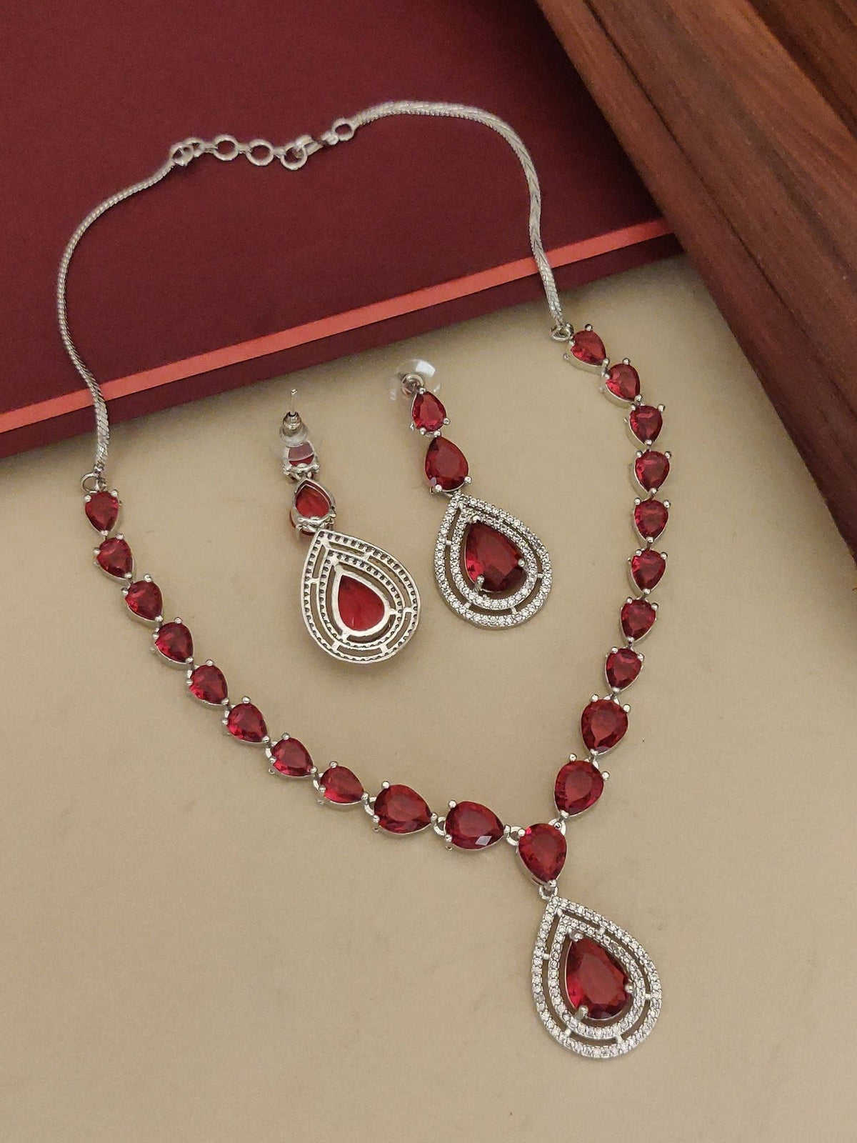Abdesigns Red Elegant Silver Plated Flower American Diamond Necklace with Earrings