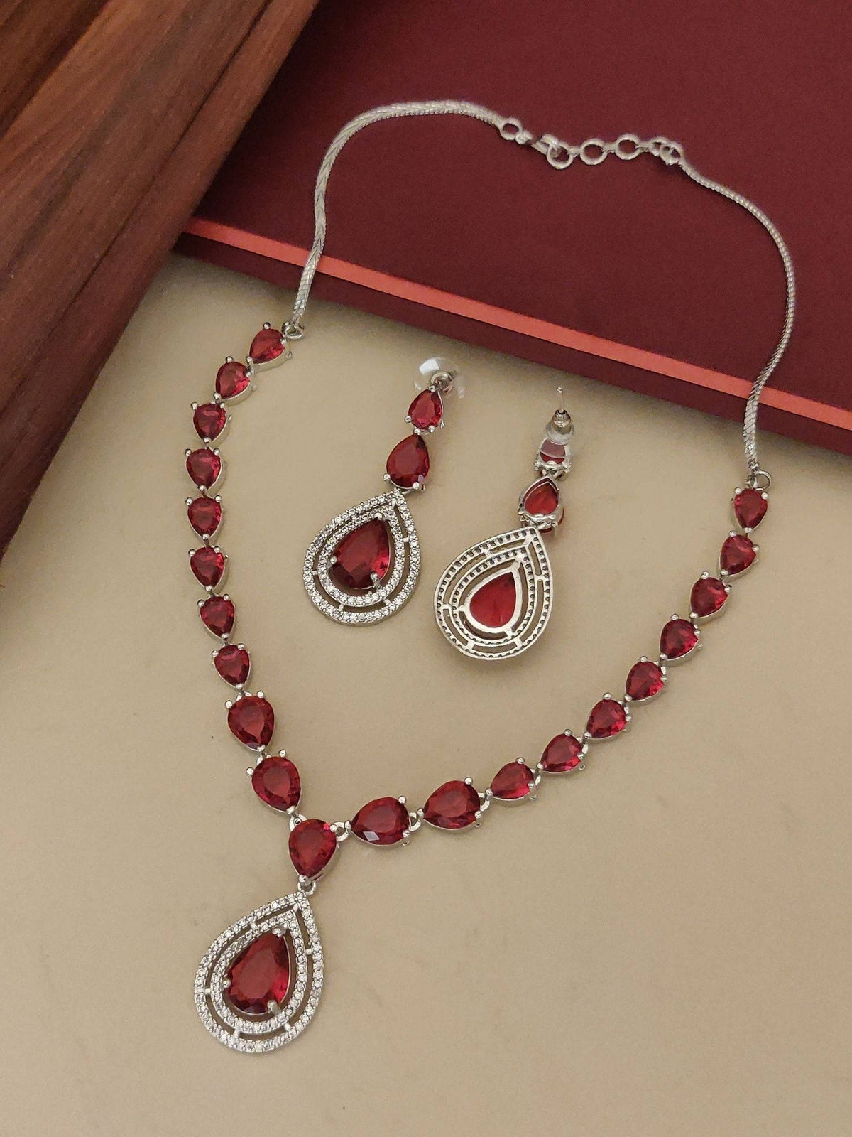 Abdesigns Red Elegant Silver Plated Flower American Diamond Necklace with Earrings