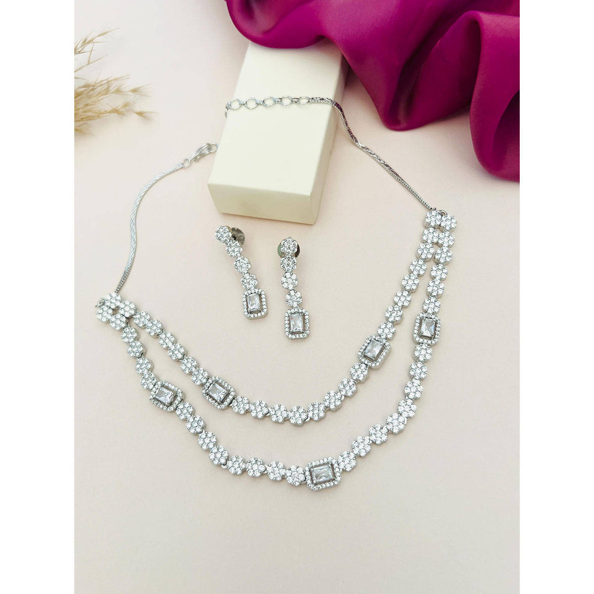 Abdesigns Silver Plated American Diamond Jewellery Set · One Size