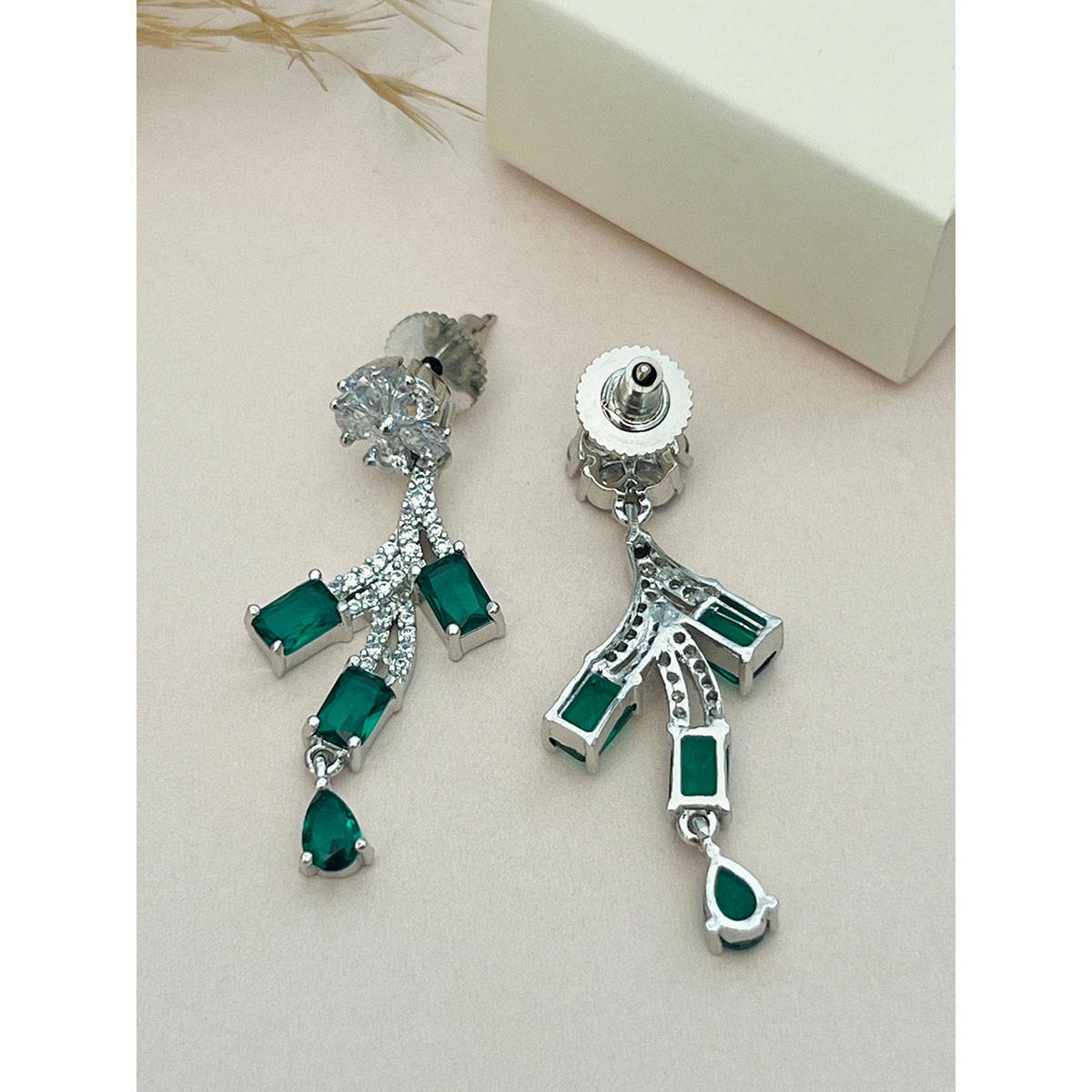 Abdesigns Green Silver Plated American Diamond Jewellery Set