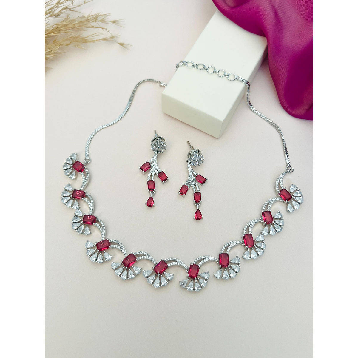 Abdesigns Red Silver Plated American Diamond Jewellery Set