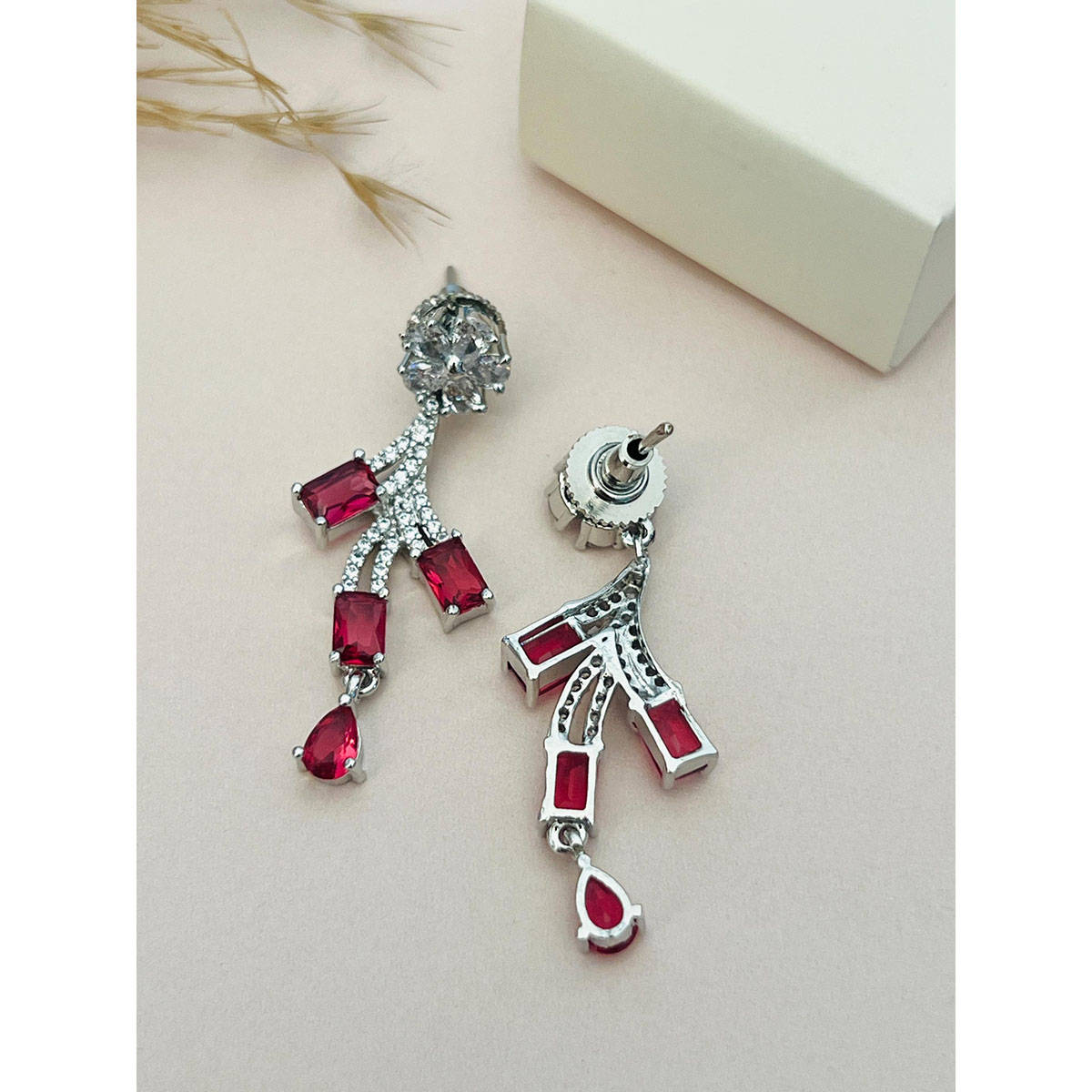 Abdesigns Red Silver Plated American Diamond Jewellery Set