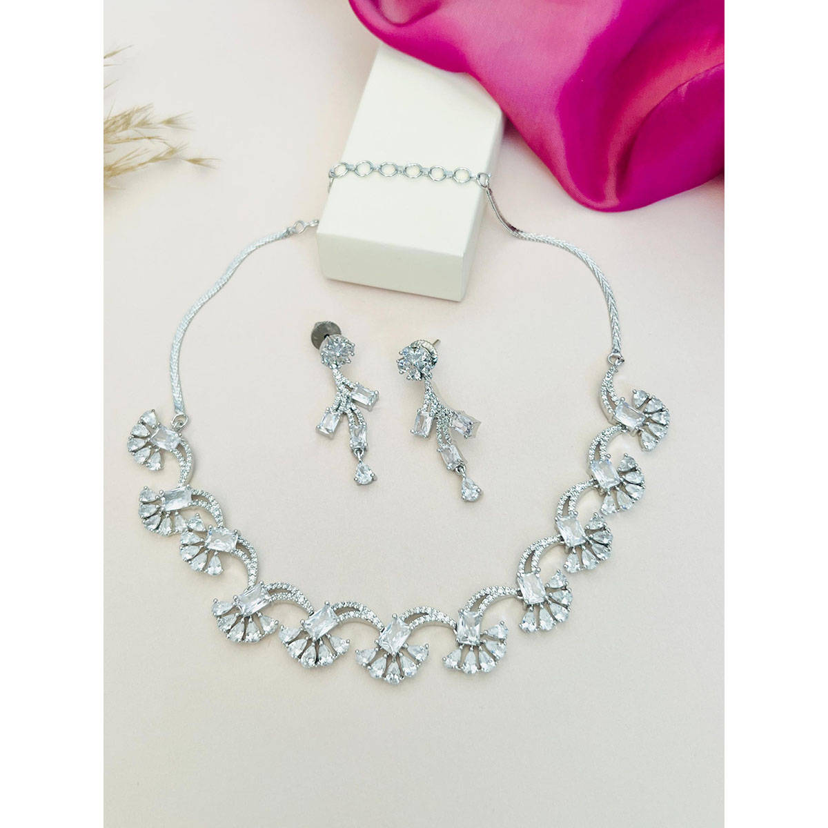 Abdesigns White Silver Plated American Diamond Jewellery Set