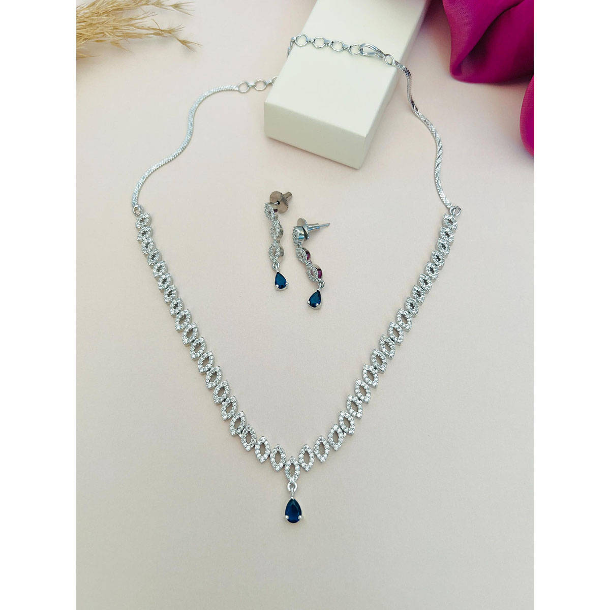 Abdesigns Blue Silver Plated American Diamond Jewellery Set