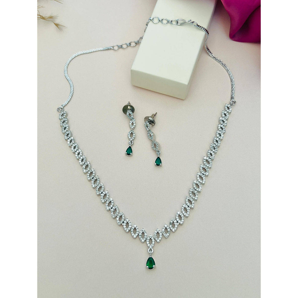 Abdesigns Green Silver Plated American Diamond Jewellery Set