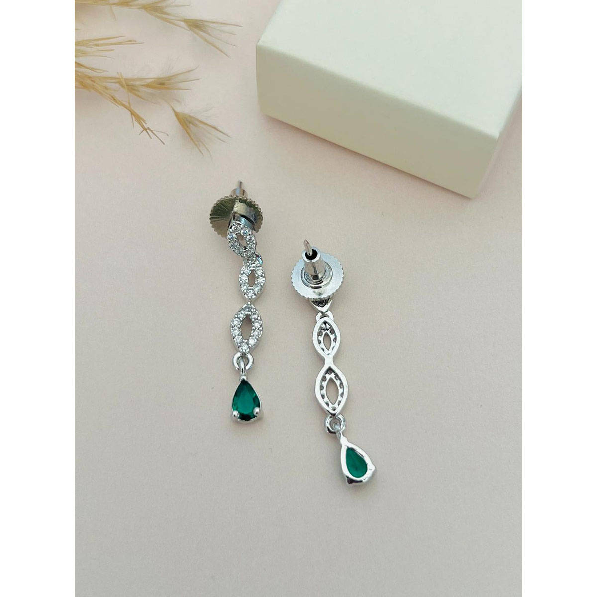 Abdesigns Green Silver Plated American Diamond Jewellery Set