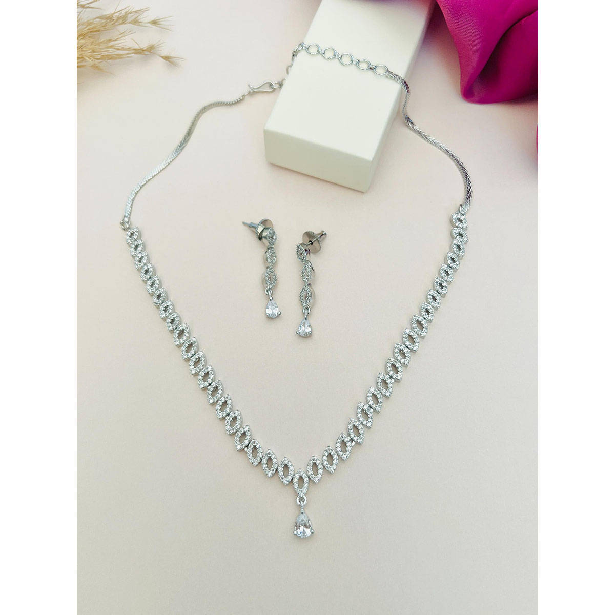Abdesigns White Silver Plated American Diamond Jewellery Set