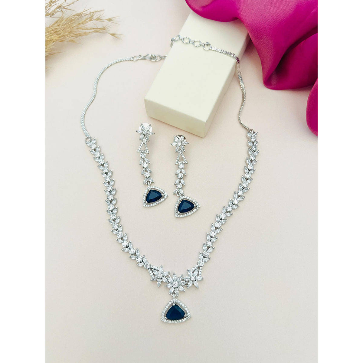 Abdesigns Blue Silver Plated American Diamond Jewellery Set